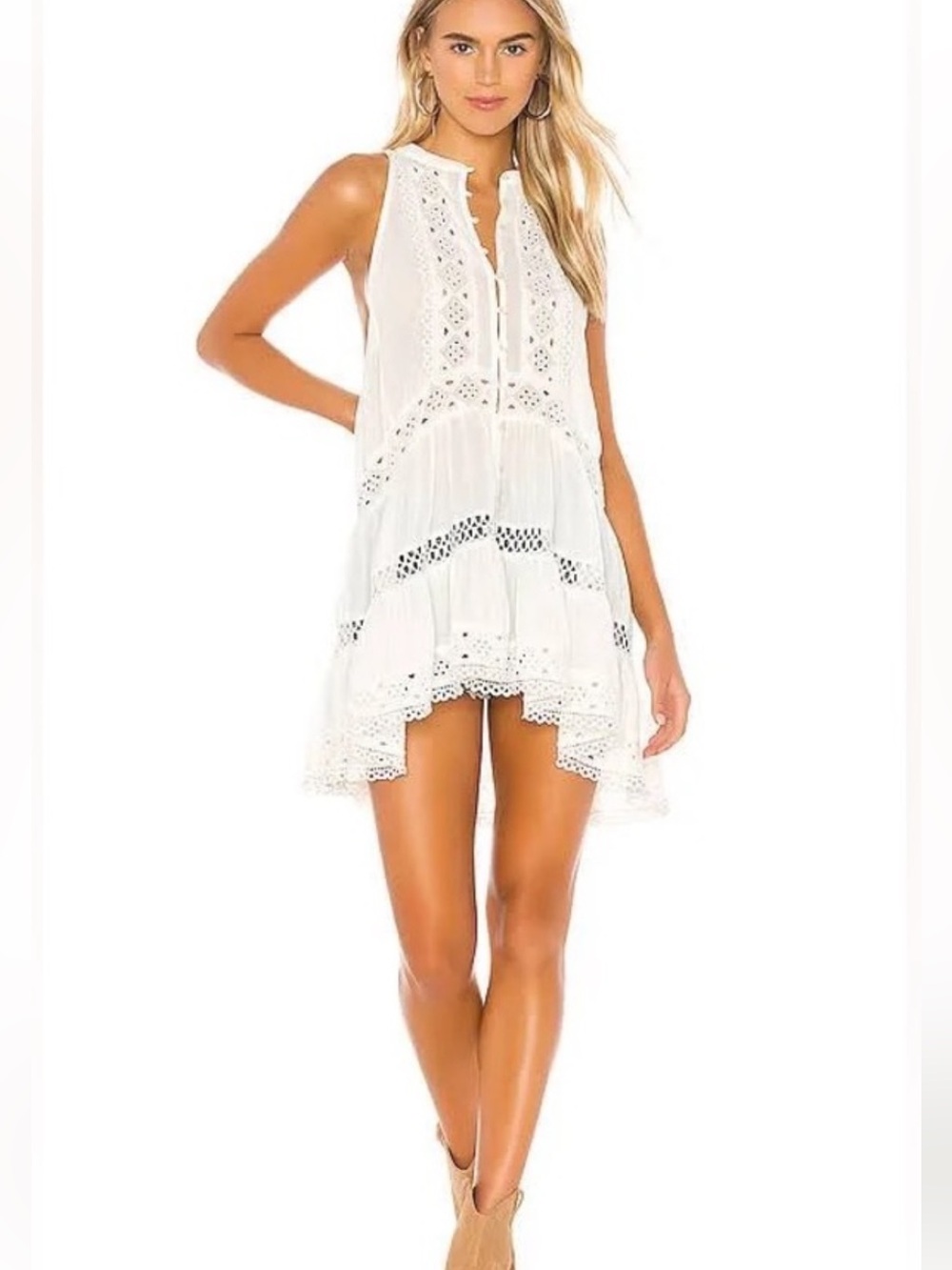 Free People White Eyelet Lace Swing Mini Dress Boho Festival Tunic Large